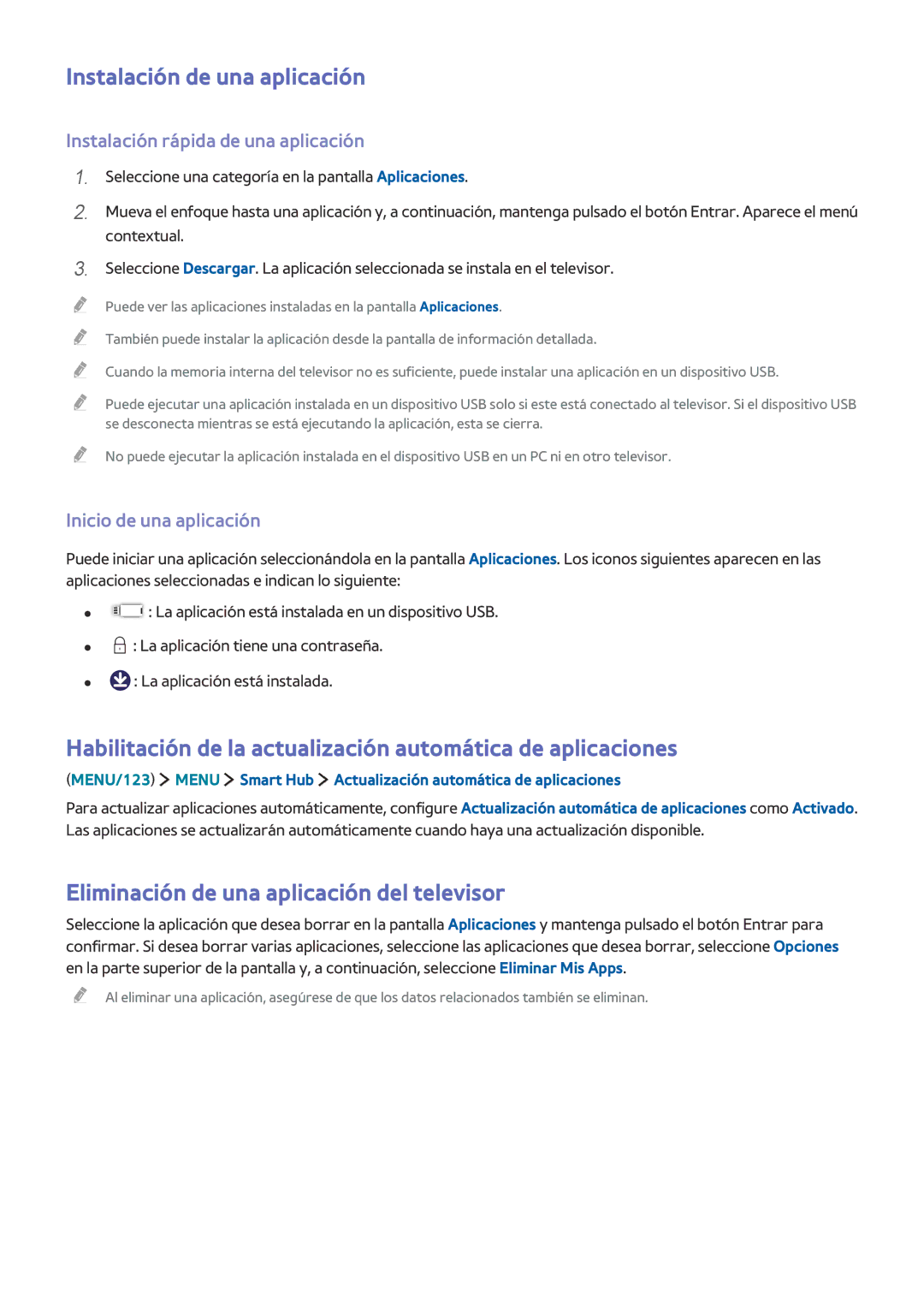 Samsung UE78JU7500TXXC manual Instalación de una aplicación, Habilitación de la actualización automática de aplicaciones 