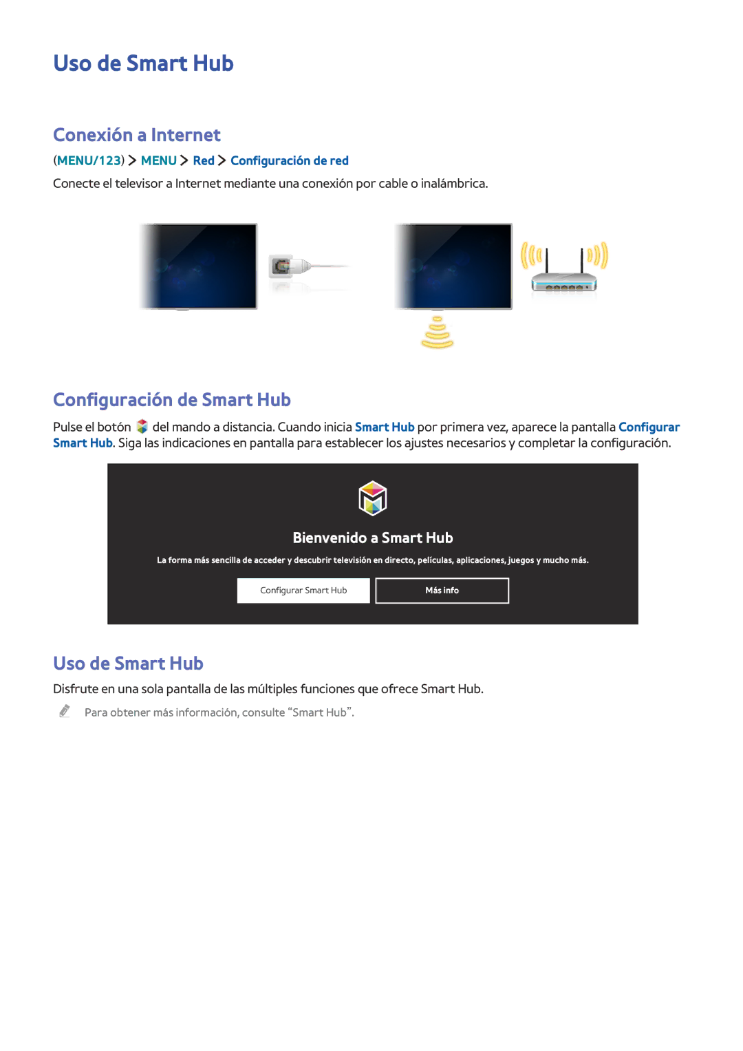 Samsung UE48JU7500TXXC, UE50JU6800KXXC, UE75JU6470UXZG Uso de Smart Hub, Conexión a Internet, Configuración de Smart Hub 