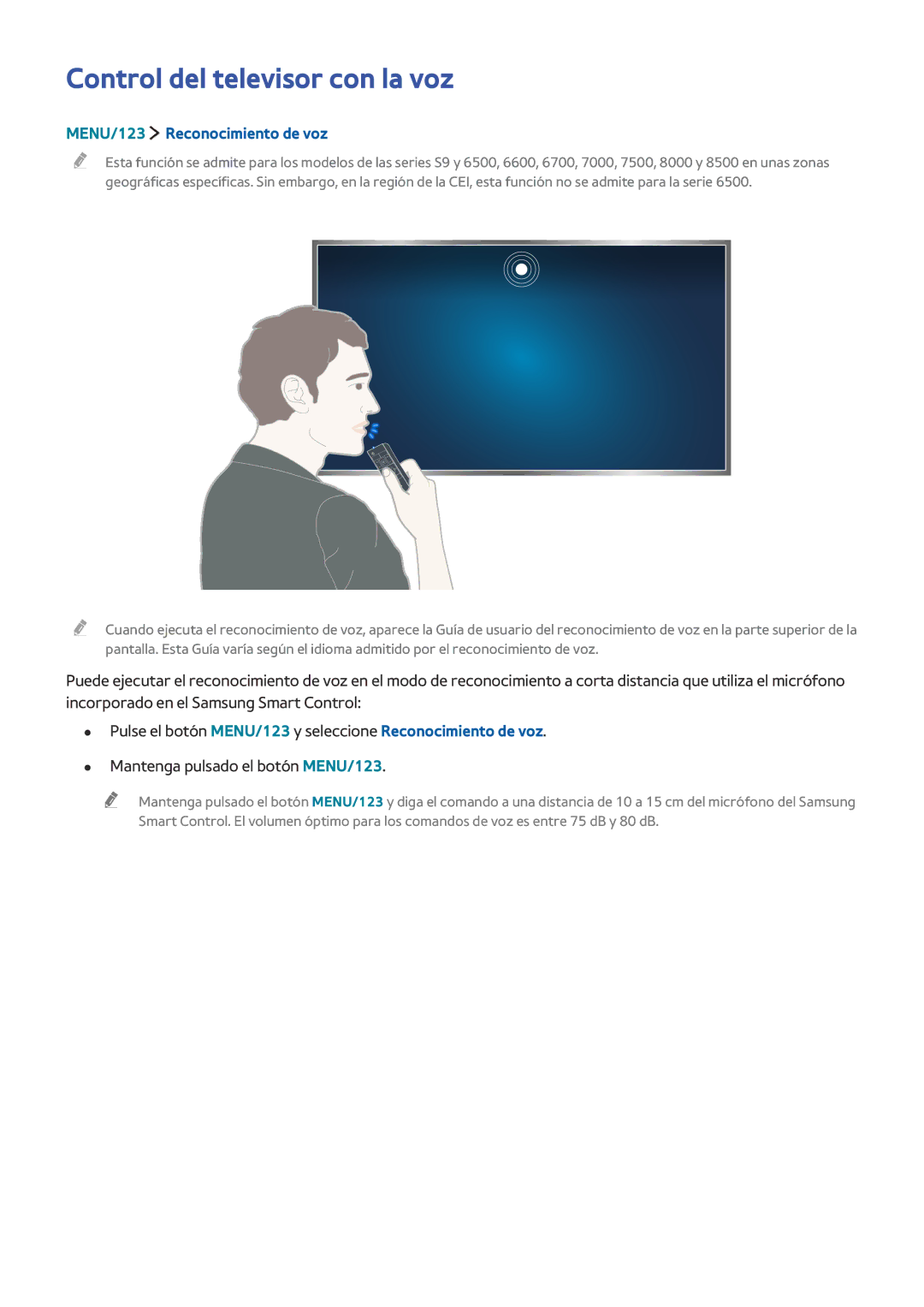 Samsung UE48JU6400KXXC, UE50JU6800KXXC, UE75JU6470UXZG Control del televisor con la voz, MENU/123 Reconocimiento de voz 