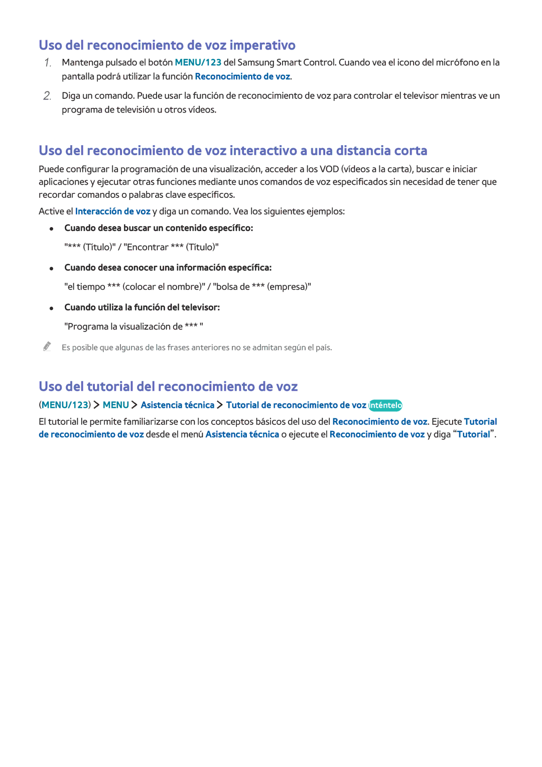 Samsung UE43JU6060KXXC, UE40S9AUXXC Uso del reconocimiento de voz imperativo, Uso del tutorial del reconocimiento de voz 