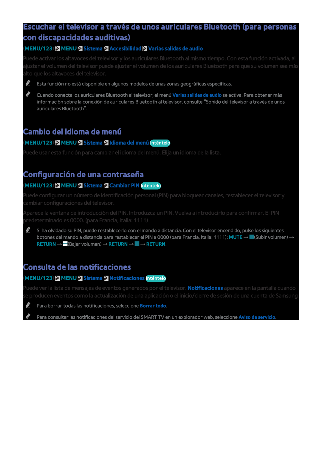 Samsung UE65JU6470UXZG manual Cambio del idioma de menú, Configuración de una contraseña, Consulta de las notificaciones 