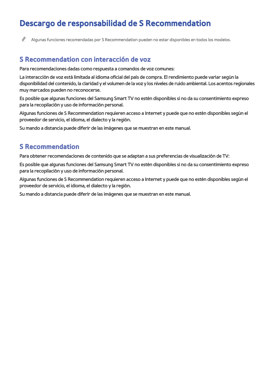 Samsung UE55JU6510UXXC manual Descargo de responsabilidad de S Recommendation, S Recommendation con interacción de voz 