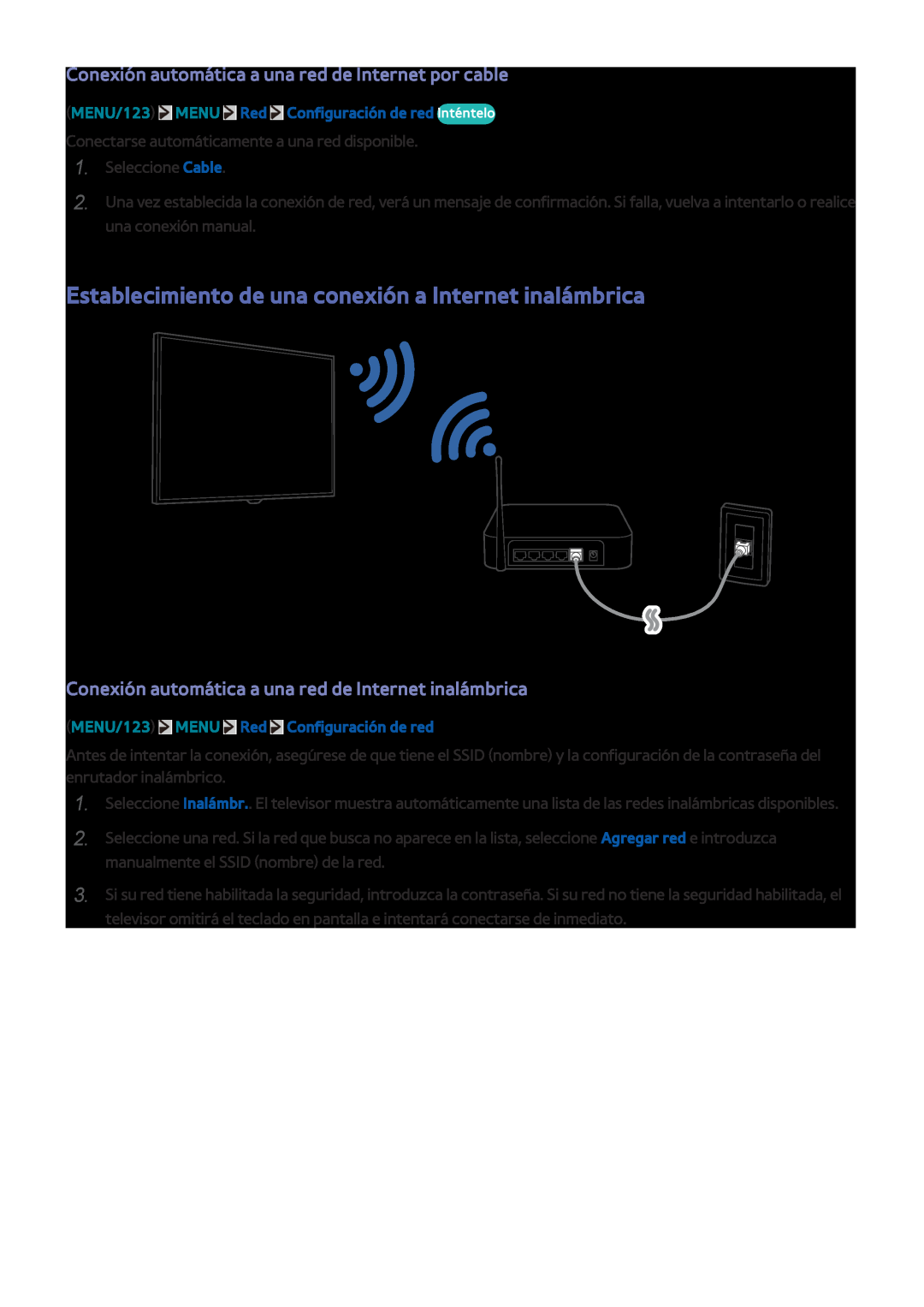 Samsung UE50JU6470UXZG Establecimiento de una conexión a Internet inalámbrica, MENU/123 MENU Red Configuración de red 