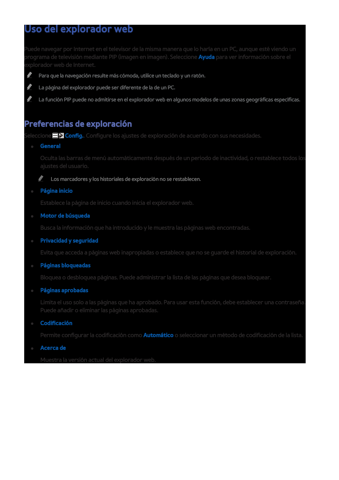Samsung UE48JU7000TXXC Uso del explorador web, Preferencias de exploración, General, Página inicio, Motor de búsqueda 