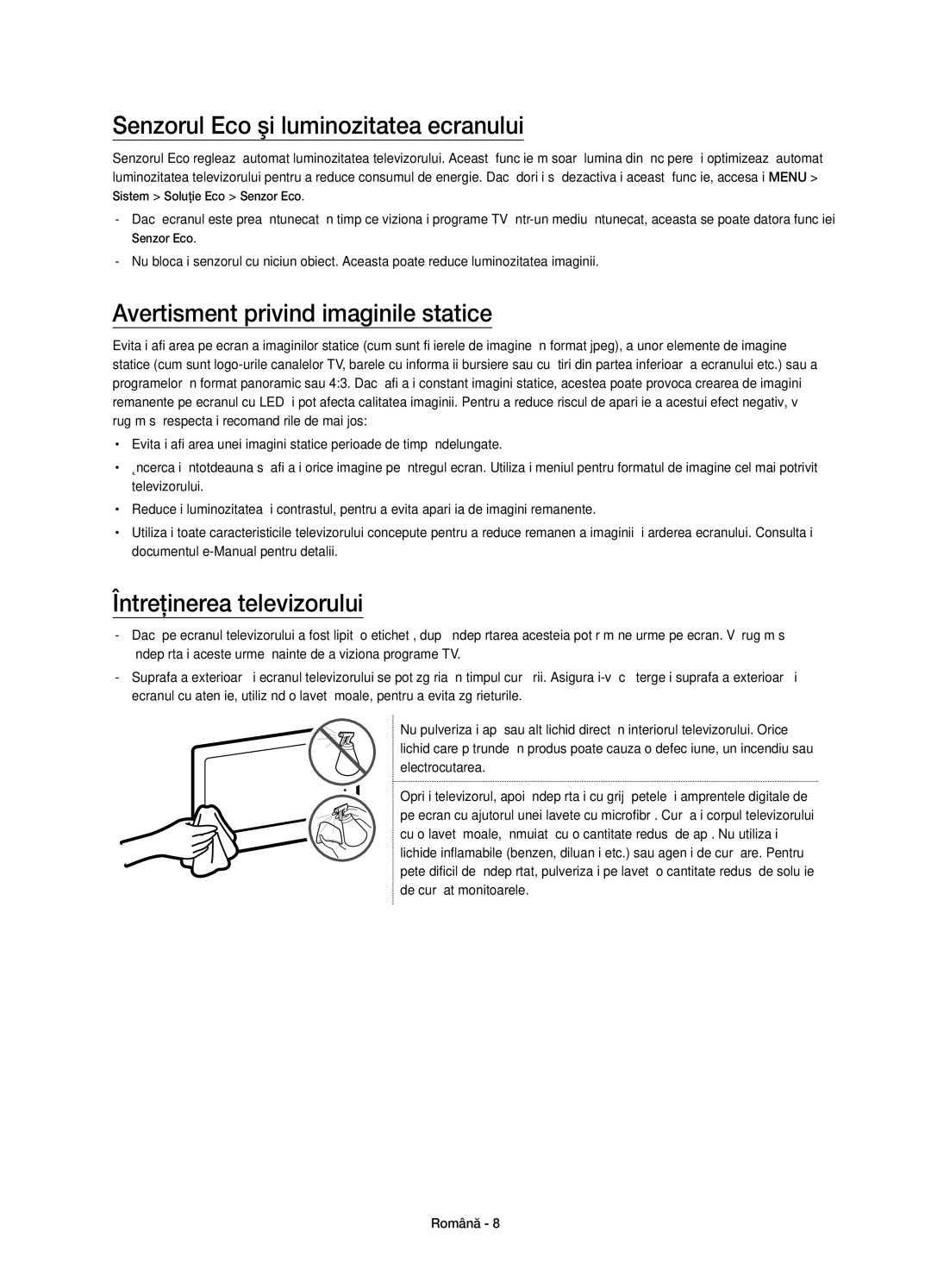 Samsung UE55JU6872UXXH, UE50JU6800WXXH manual Senzorul Eco şi luminozitatea ecranului, Avertisment privind imaginile statice 