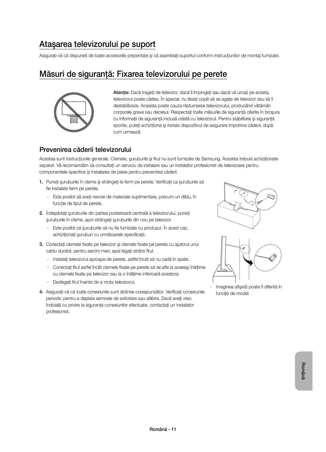 Samsung UE55JU6800WXXN Ataşarea televizorului pe suport, Măsuri de siguranţă Fixarea televizorului pe perete, Profesionist 