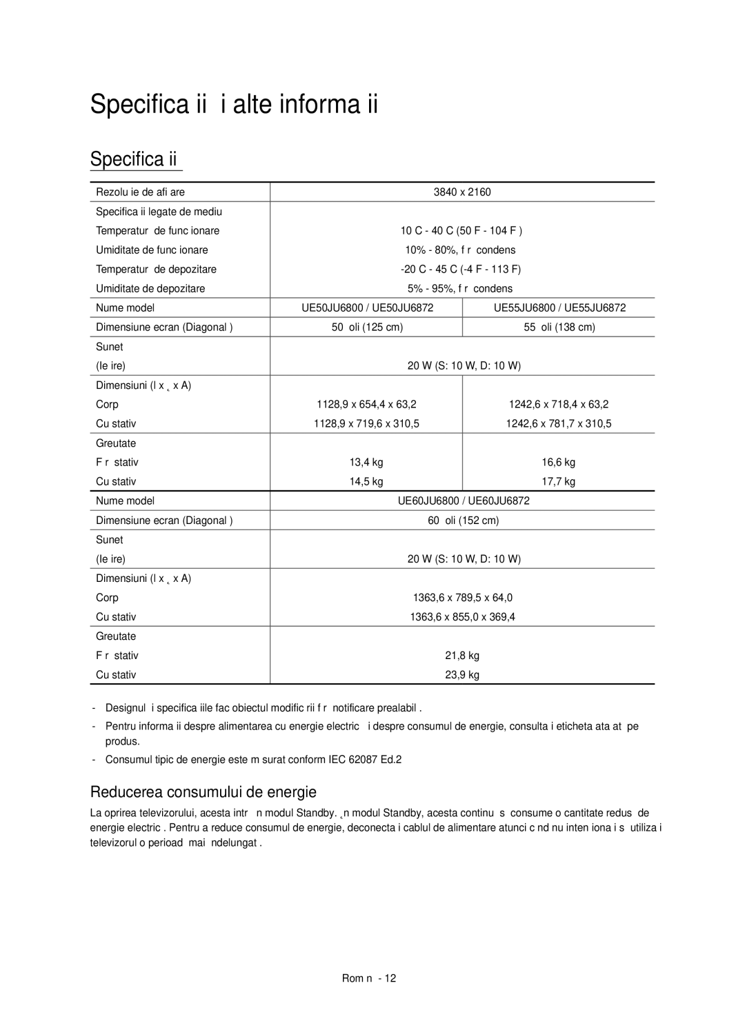 Samsung UE50JU6800WXXH, UE50JU6872UXXH, UE55JU6872UXXH Specificaţii şi alte informaţii, Reducerea consumului de energie 