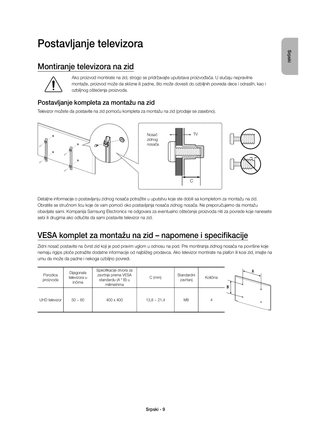 Samsung UE55JU6800WXXH manual Montiranje televizora na zid, Vesa komplet za montažu na zid napomene i specifikacije 