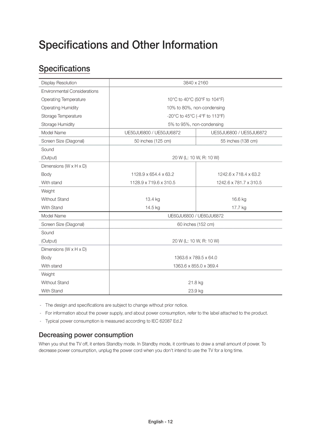 Samsung UE50JU6800WXXH, UE50JU6872UXXH, UE55JU6872UXXH Specifications and Other Information, Decreasing power consumption 