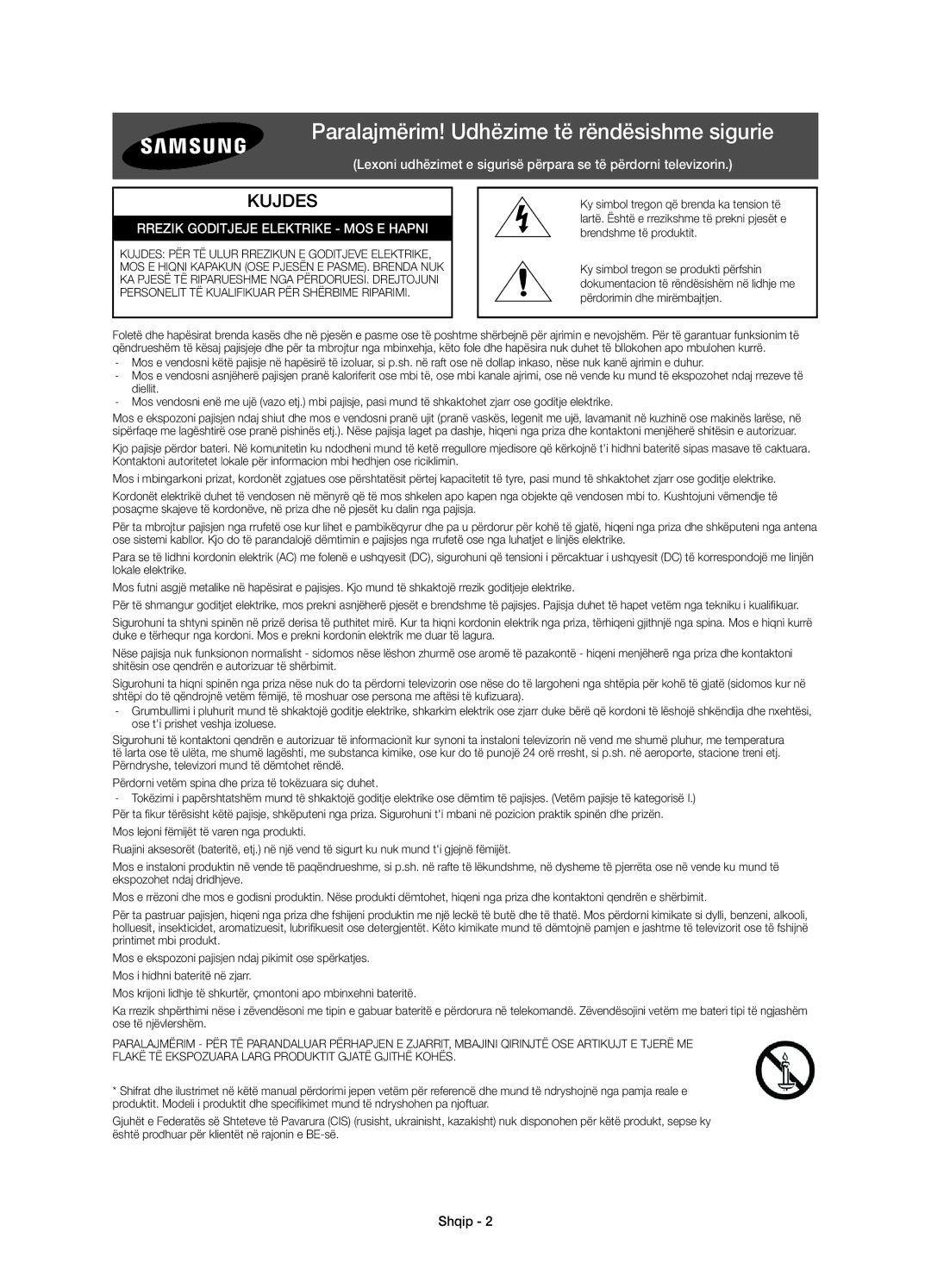 Samsung UE55JU6872UXXH manual Paralajmërim! Udhëzime të rëndësishme sigurie, Rrezik Goditjeje Elektrike MOS E Hapni, Shqip 