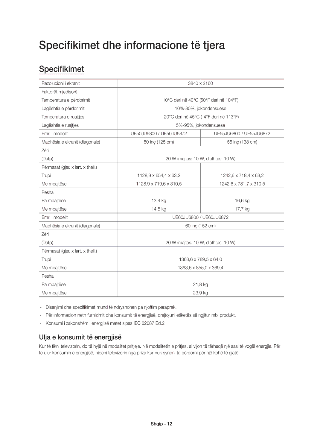 Samsung UE50JU6800WXXH, UE50JU6872UXXH, UE55JU6872UXXH Specifikimet dhe informacione të tjera, Ulja e konsumit të energjisë 