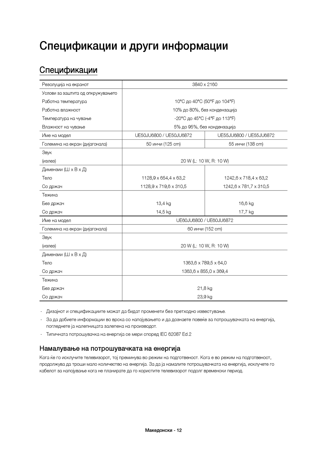 Samsung UE50JU6800WXXH, UE50JU6872UXXH manual Спецификации и други информации, Намалување на потрошувачката на енергија 