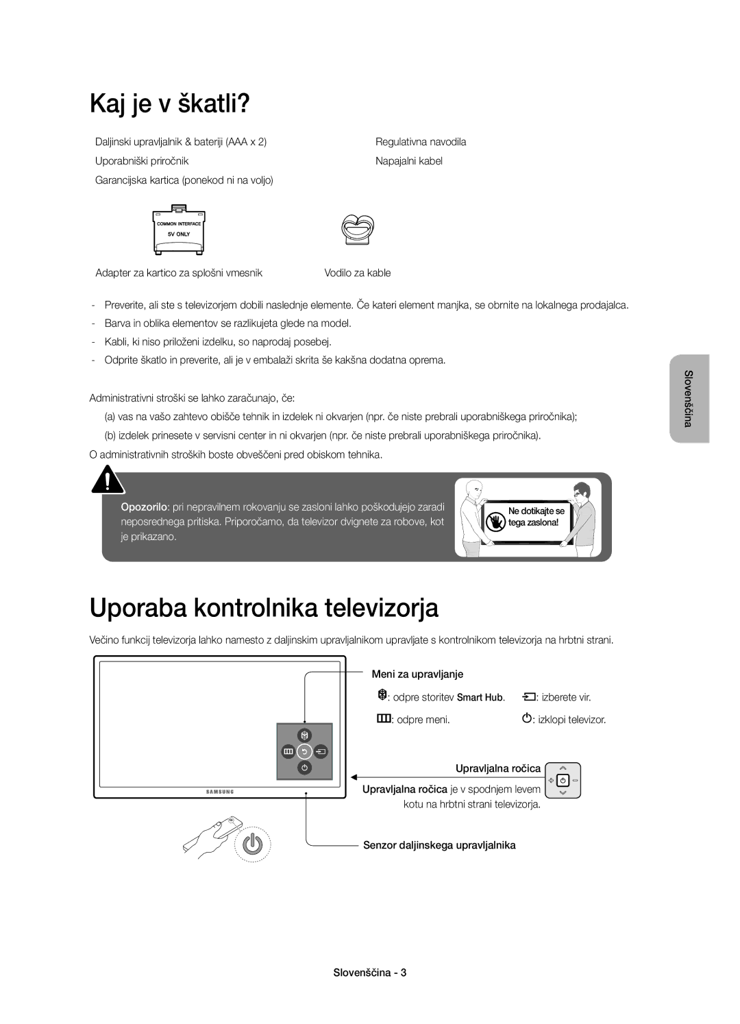 Samsung UE55JU6800WXXH manual Kaj je v škatli?, Uporaba kontrolnika televizorja, Daljinski upravljalnik & bateriji AAA x 