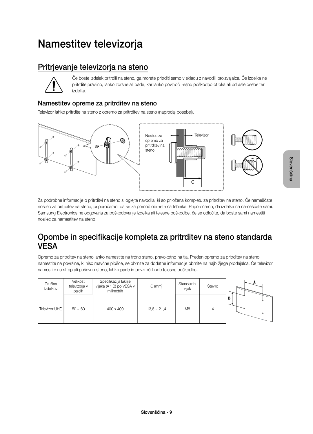 Samsung UE55JU6800WXXH Namestitev televizorja, Pritrjevanje televizorja na steno, Namestitev opreme za pritrditev na steno 