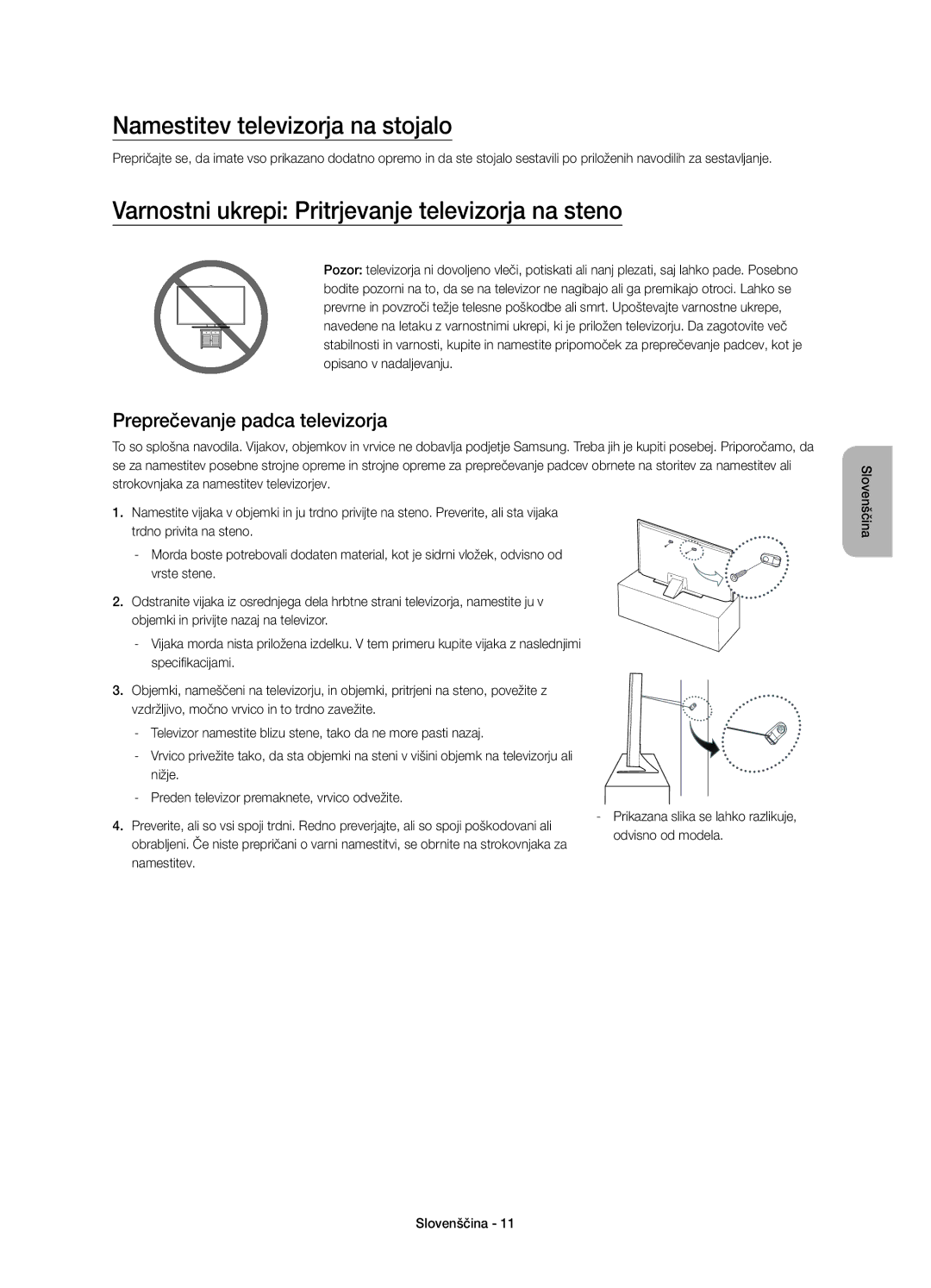 Samsung UE55JU6800WXXN manual Namestitev televizorja na stojalo, Varnostni ukrepi Pritrjevanje televizorja na steno 