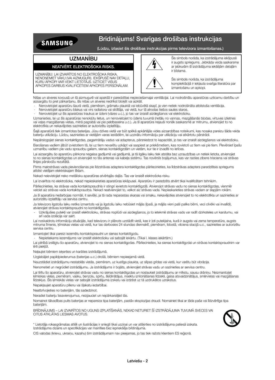 Samsung UE55JU6872UXXH, UE50JU6800WXXH Brīdinājums! Svarīgas drošības instrukcijas, NEATVĒRT. Elektrošoka Risks, Latviešu 