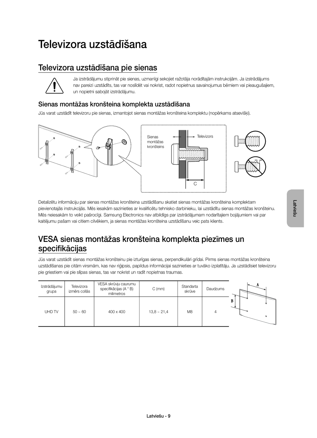 Samsung UE55JU6800WXXH manual Televizora uzstādīšana pie sienas, Sienas montāžas kronšteina komplekta uzstādīšana 