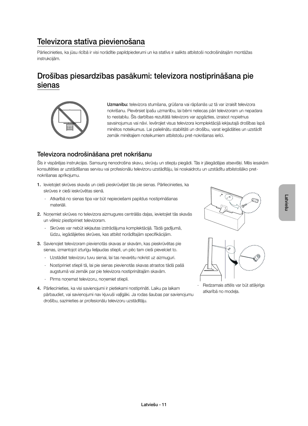 Samsung UE55JU6800WXXN manual Televizora statīva pievienošana, Televizora nodrošināšana pret nokrišanu, Atkarībā no modeļa 