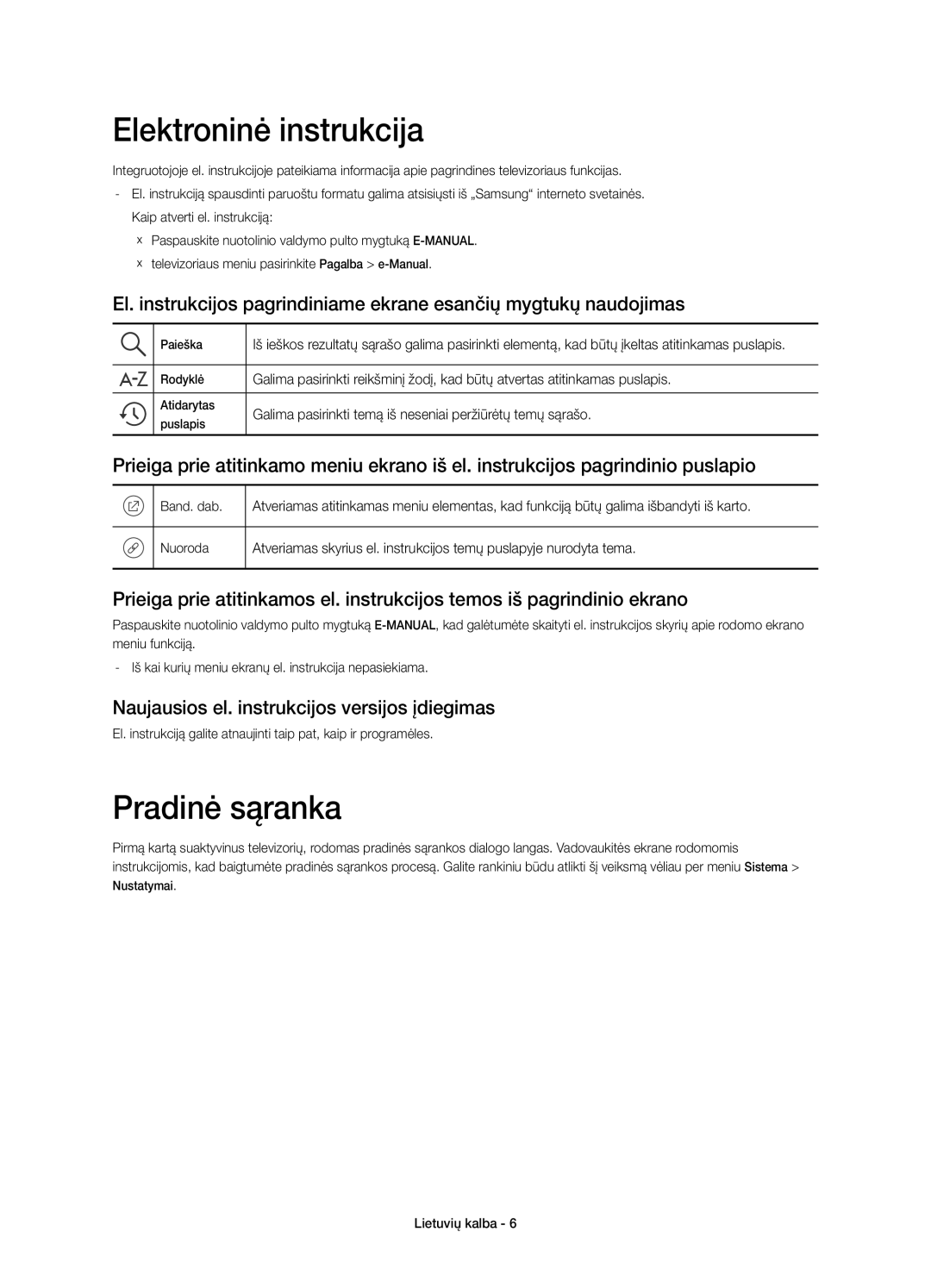 Samsung UE50JU6800WXXH manual Elektroninė instrukcija, Pradinė sąranka, Naujausios el. instrukcijos versijos įdiegimas 