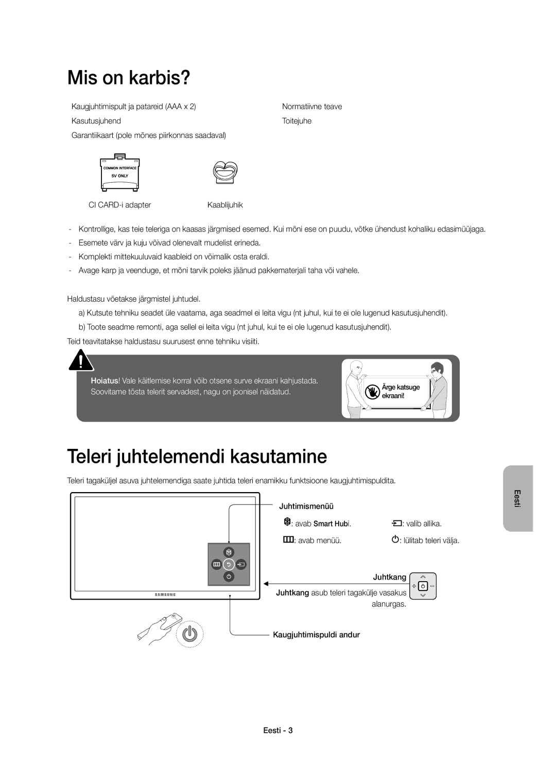 Samsung UE55JU6800WXXH manual Mis on karbis?, Teleri juhtelemendi kasutamine, Kaugjuhtimispult ja patareid AAA x, Juhtkang 