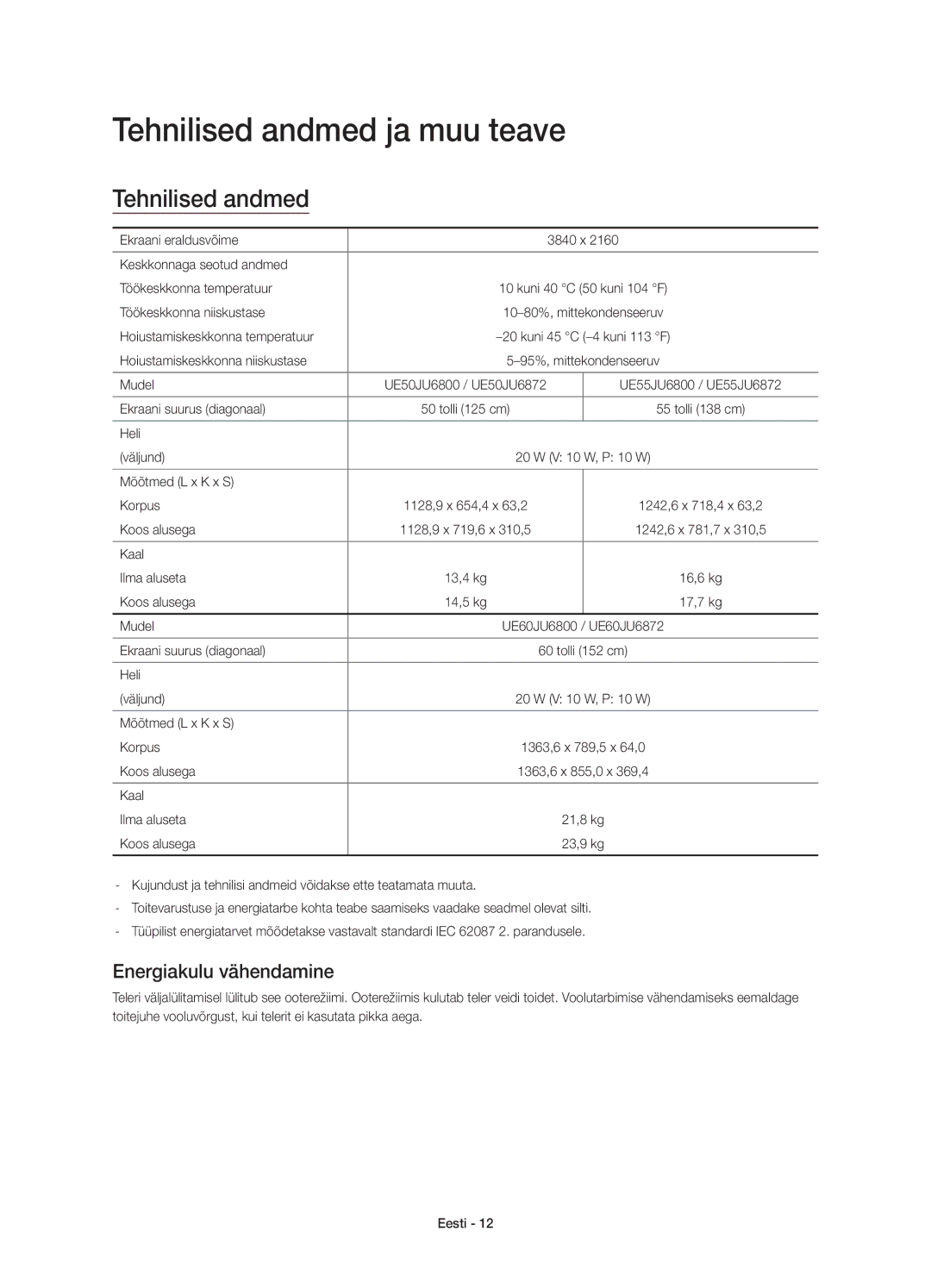 Samsung UE50JU6800WXXH, UE50JU6872UXXH, UE55JU6872UXXH manual Tehnilised andmed ja muu teave, Energiakulu vähendamine 