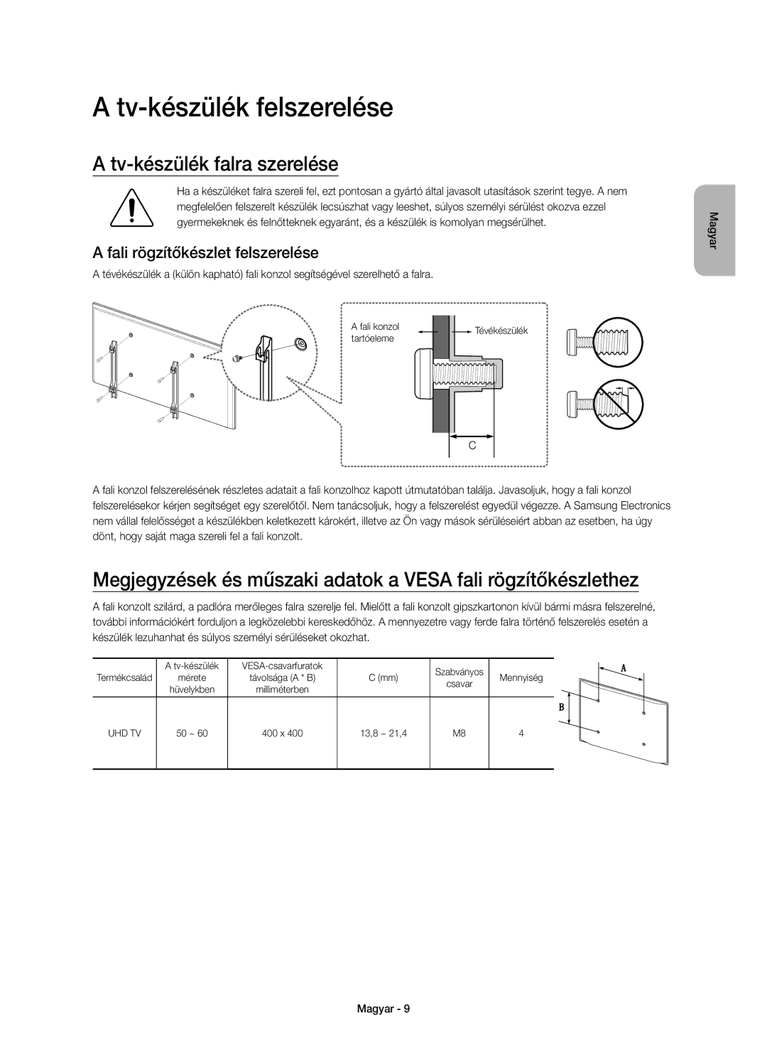 Samsung UE55JU6800WXXH manual Tv-készülék felszerelése, Tv-készülék falra szerelése, Fali rögzítőkészlet felszerelése 