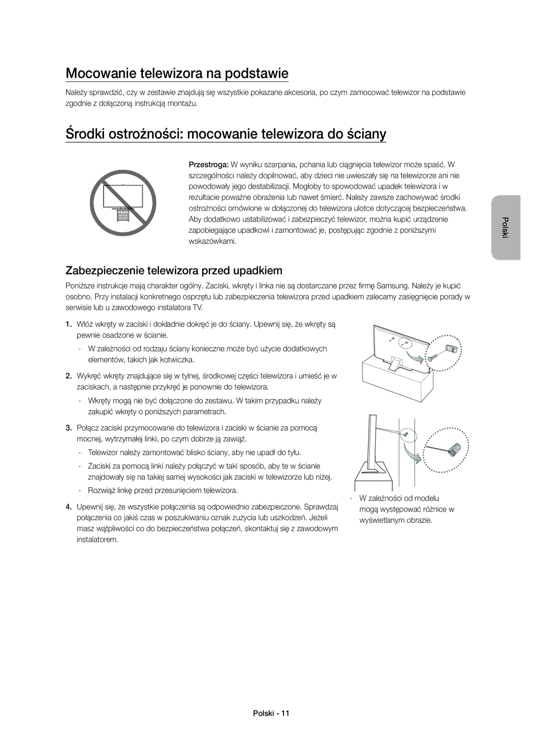 Samsung UE55JU6800WXXN Mocowanie telewizora na podstawie, Środki ostrożności mocowanie telewizora do ściany, Instalatorem 