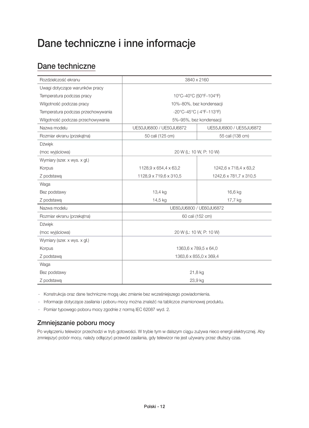 Samsung UE50JU6800WXXH, UE50JU6872UXXH, UE55JU6872UXXH manual Dane techniczne i inne informacje, Zmniejszanie poboru mocy 