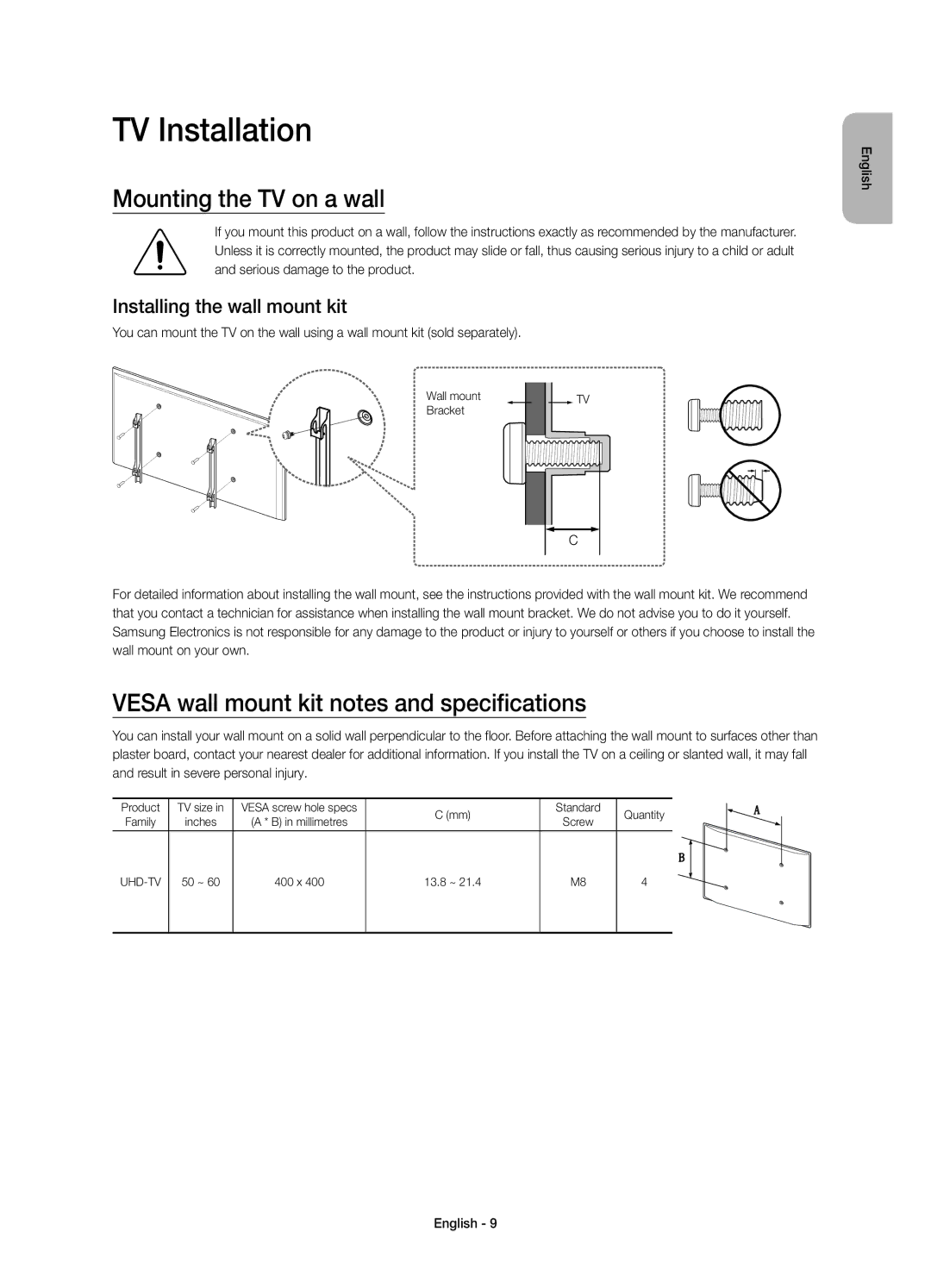 Samsung UE55JU6800WXXH manual TV Installation, Mounting the TV on a wall, Vesa wall mount kit notes and specifications 