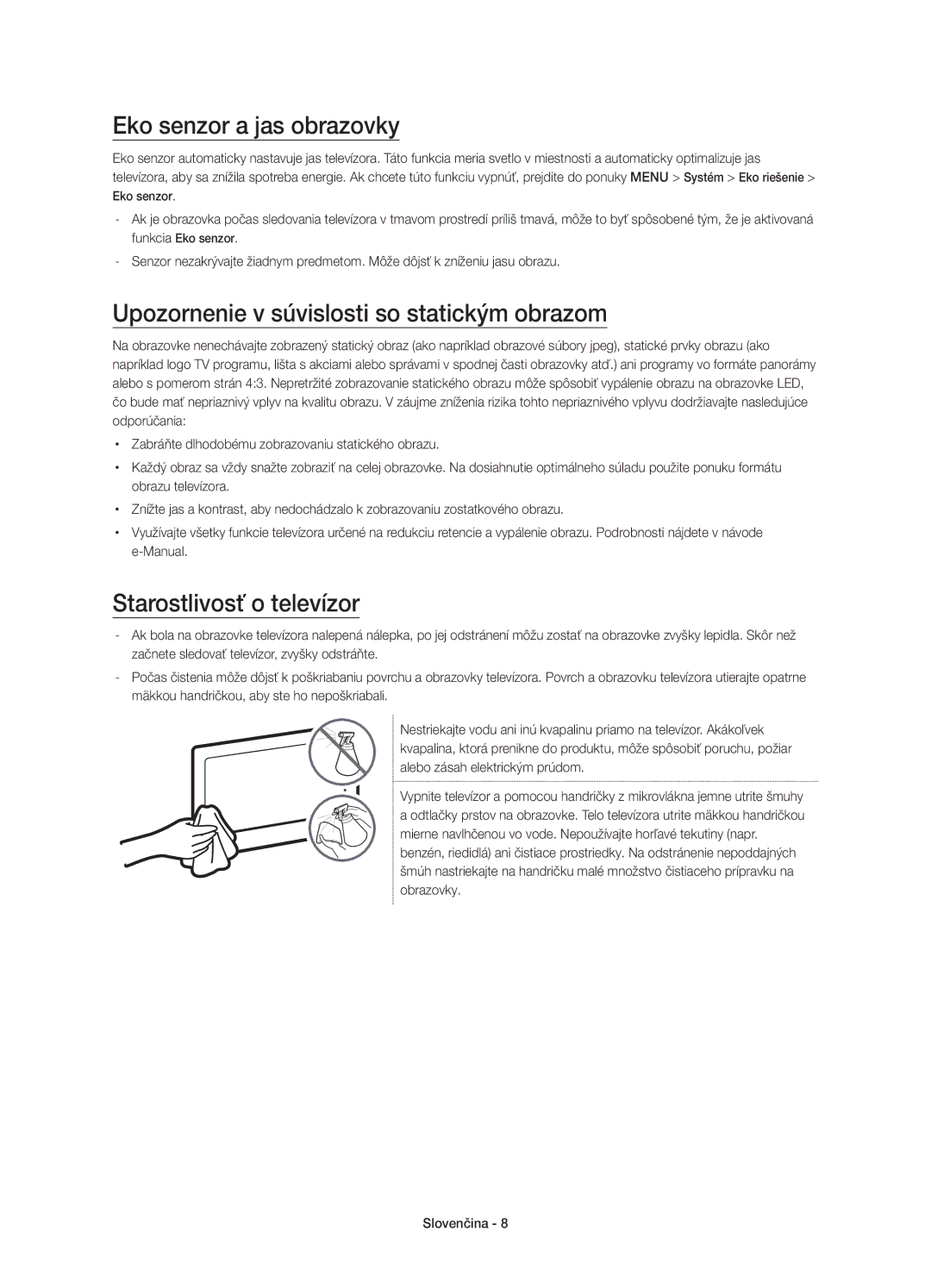 Samsung UE55JU6872UXXH, UE50JU6800WXXH manual Eko senzor a jas obrazovky, Upozornenie v súvislosti so statickým obrazom 