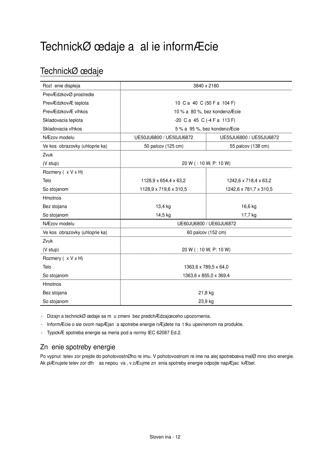 Samsung UE50JU6800WXXH, UE50JU6872UXXH, UE55JU6872UXXH manual Technické údaje a ďalšie informácie, Zníženie spotreby energie 