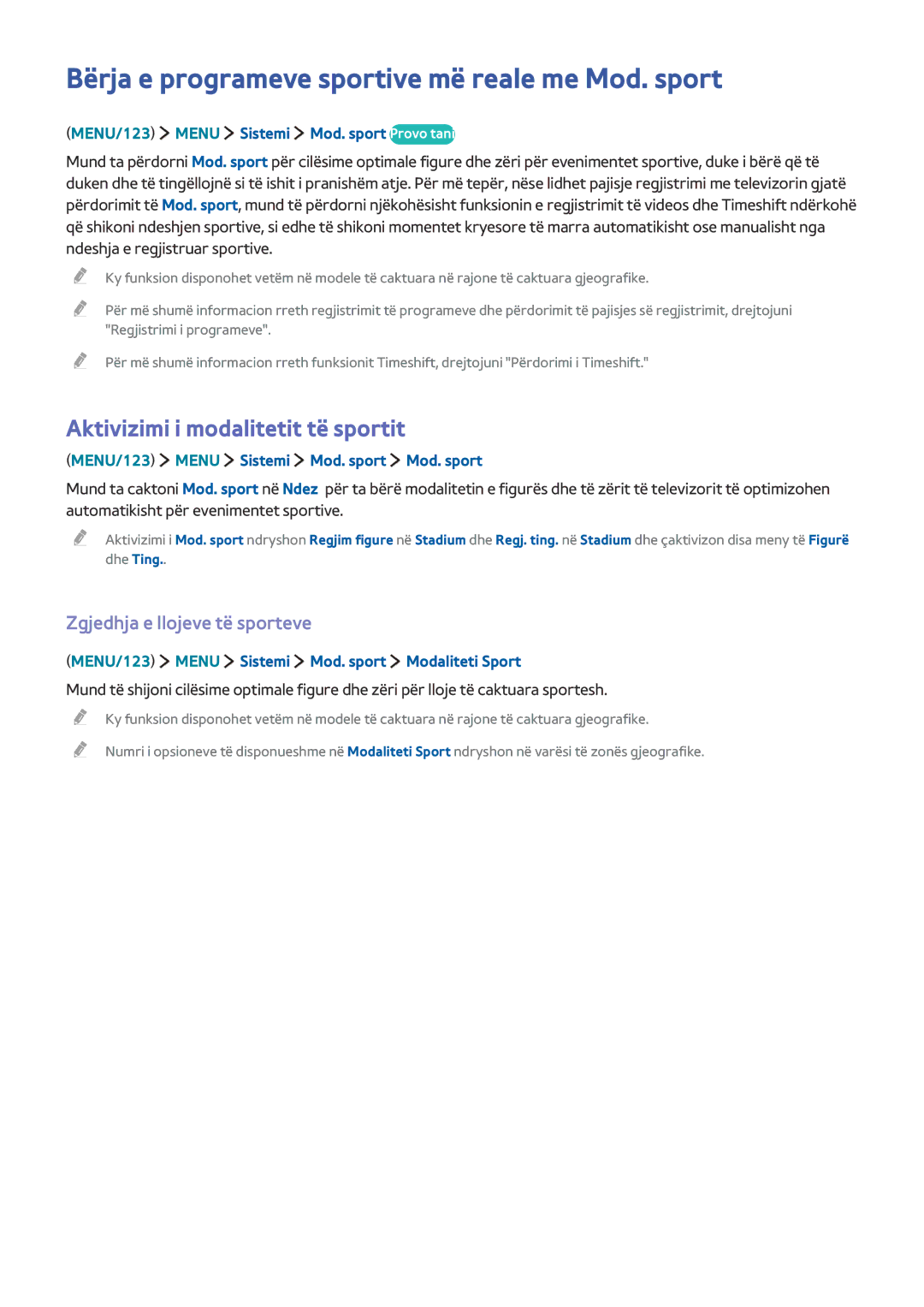 Samsung UE48JU7502TXXH manual Bërja e programeve sportive më reale me Mod. sport, Aktivizimi i modalitetit të sportit 