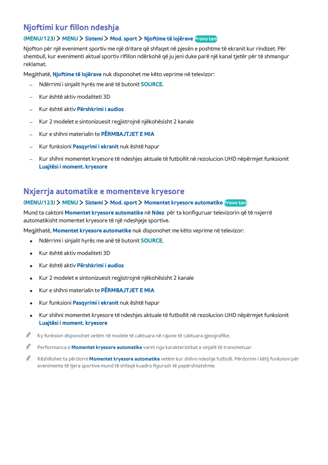 Samsung UE40JU6412UXXH, UE50JU6872UXXH manual Njoftimi kur fillon ndeshja, Nxjerrja automatike e momenteve kryesore 