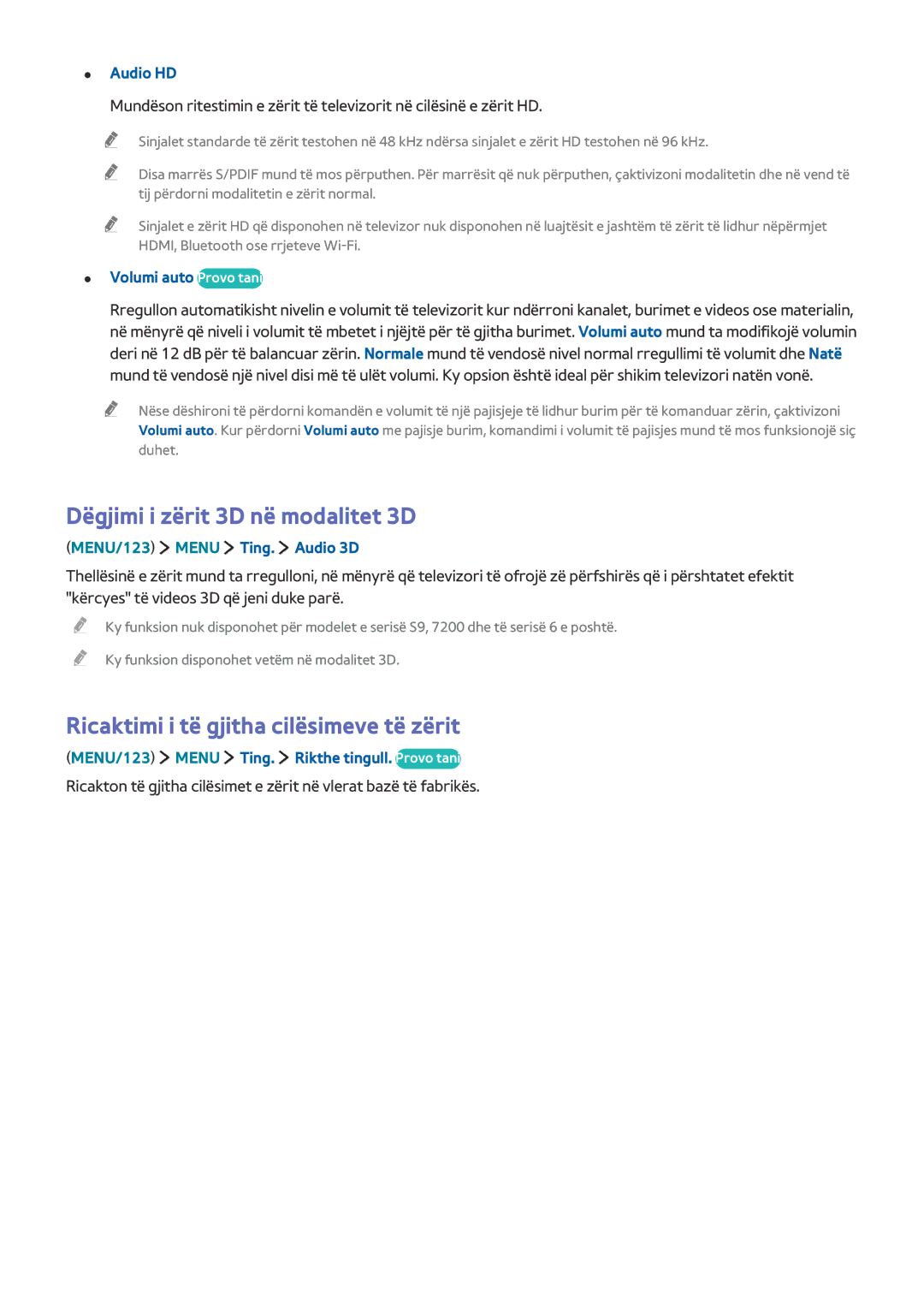 Samsung UE65JU7502TXXH, UE50JU6872UXXH manual Dëgjimi i zërit 3D në modalitet 3D, Ricaktimi i të gjitha cilësimeve të zërit 