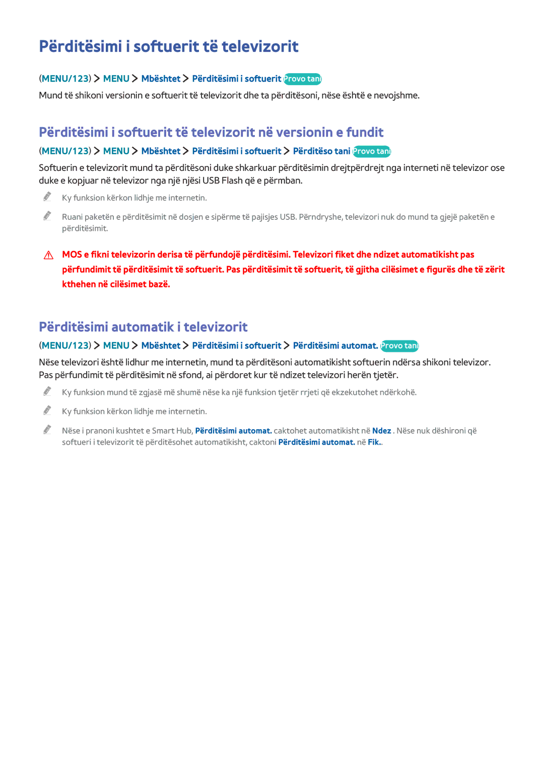Samsung UE48JU7502TXXH, UE50JU6872UXXH manual Përditësimi i softuerit të televizorit, Përditësimi automatik i televizorit 