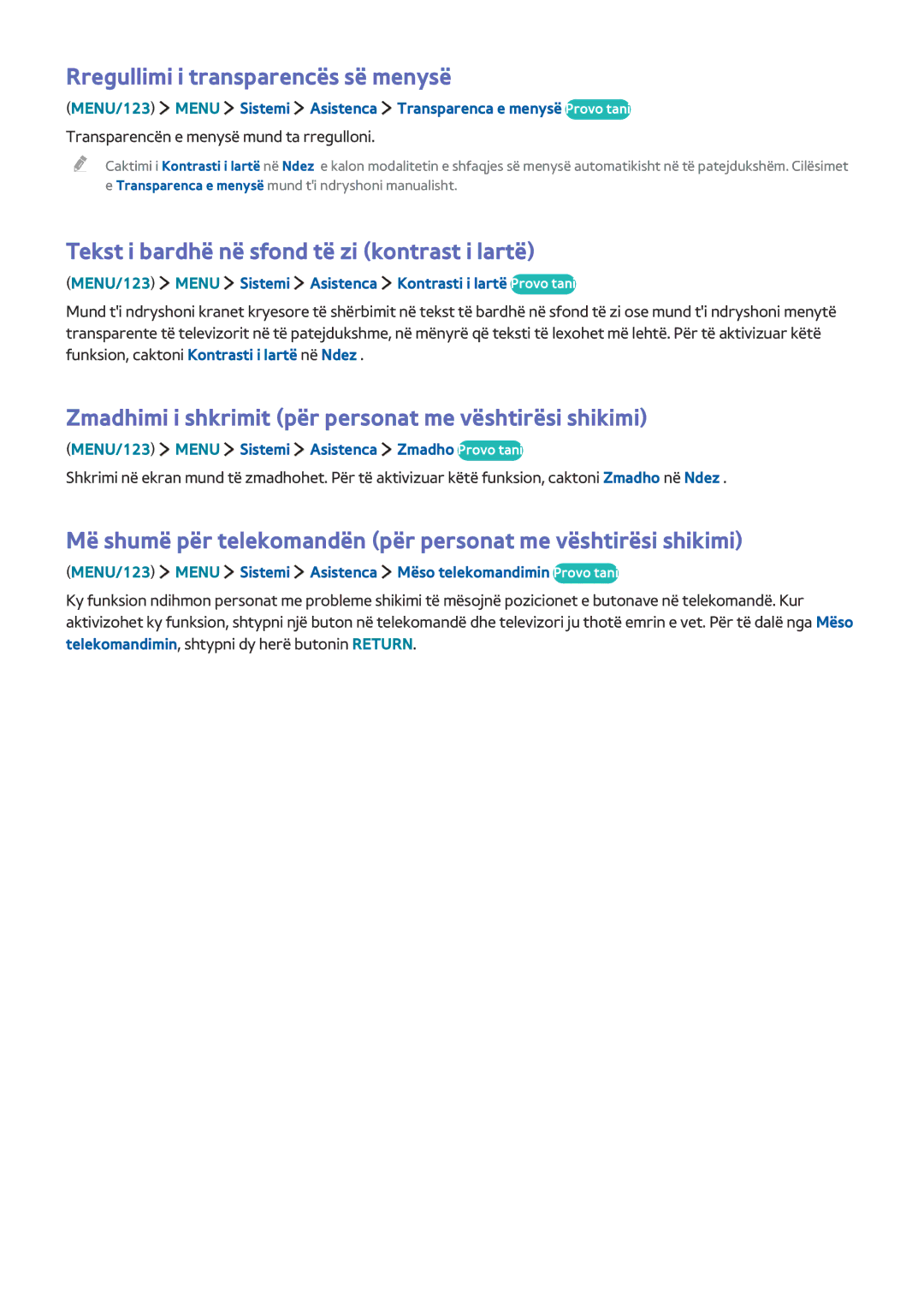 Samsung UE65JU6572UXXH manual Rregullimi i transparencës së menysë, Tekst i bardhë në sfond të zi kontrast i lartë 