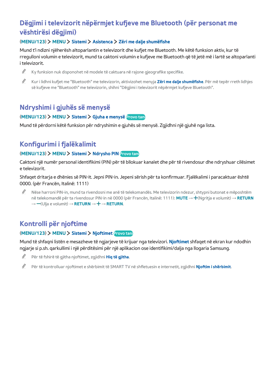 Samsung UE78JU7502TXXH, UE50JU6872UXXH Ndryshimi i gjuhës së menysë, Konfigurimi i fjalëkalimit, Kontrolli për njoftime 