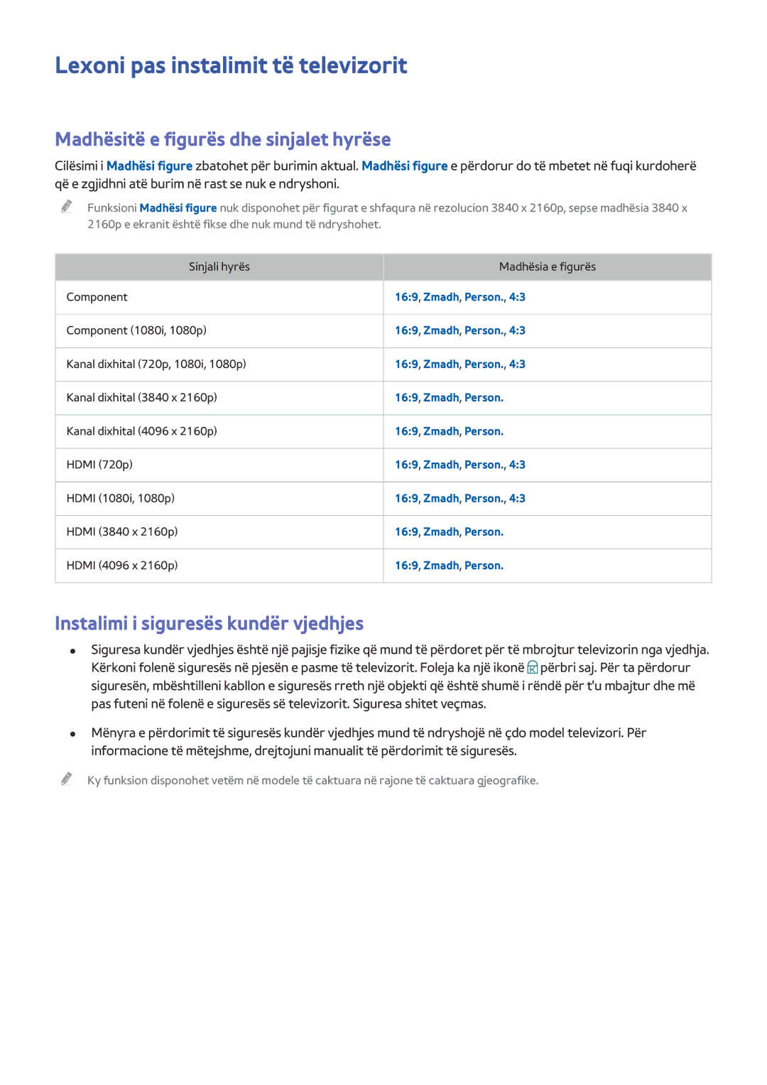 Samsung UE48JS8502TXXH, UE50JU6872UXXH manual Lexoni pas instalimit të televizorit, Madhësitë e figurës dhe sinjalet hyrëse 