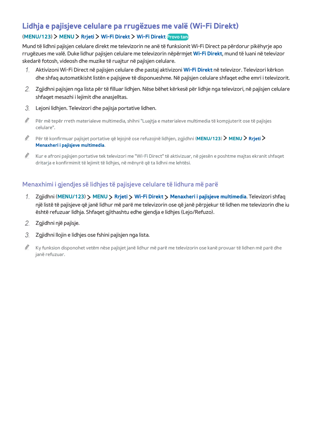 Samsung UE65JU6572UXXH, UE50JU6872UXXH, UE55JU6872UXXH manual MENU/123 Menu Rrjeti Wi-Fi Direkt Wi-Fi Direkt Provo tani 