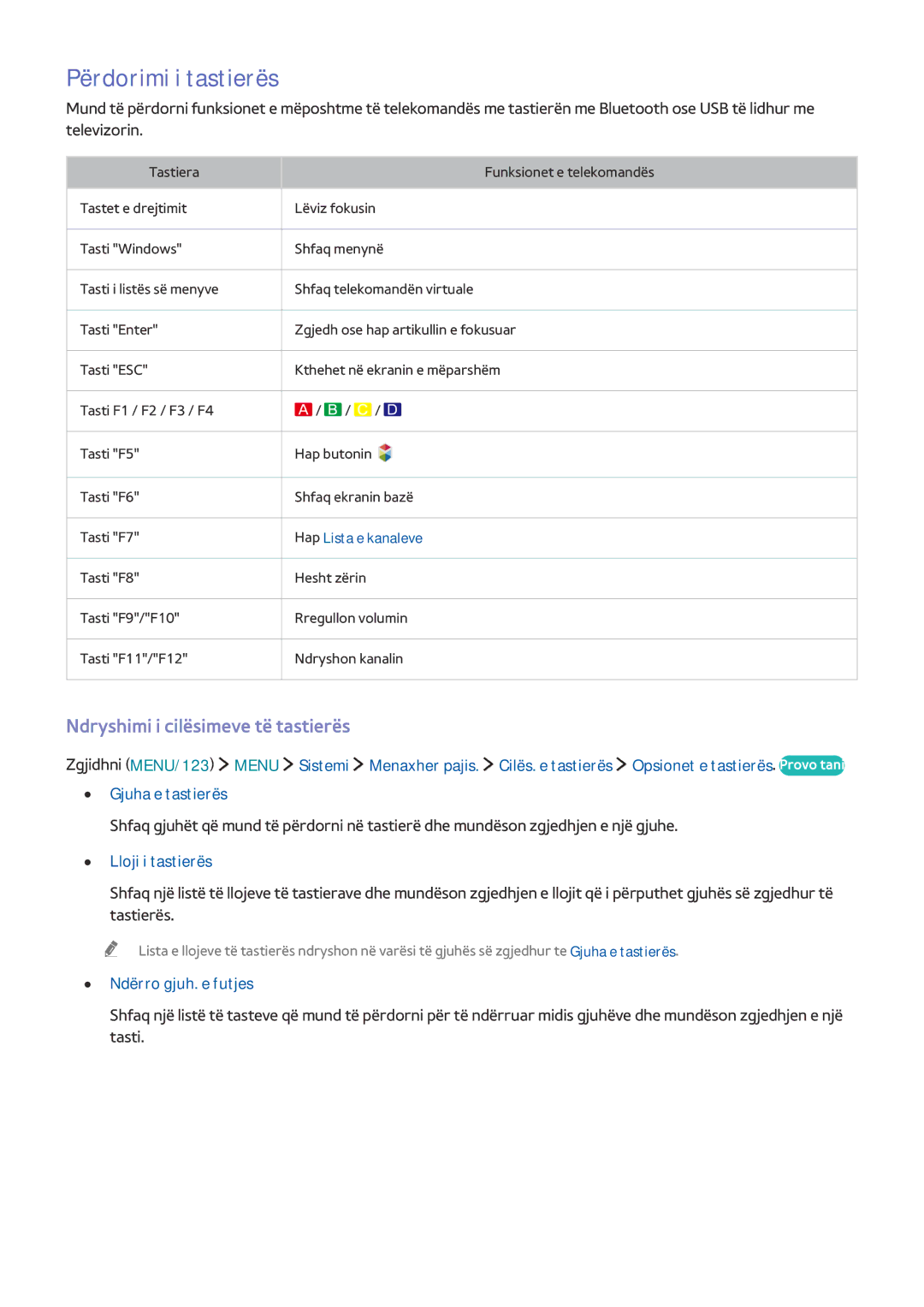 Samsung UE65JS8502TXXH, UE50JU6872UXXH manual Përdorimi i tastierës, Ndryshimi i cilësimeve të tastierës, Lloji i tastierës 