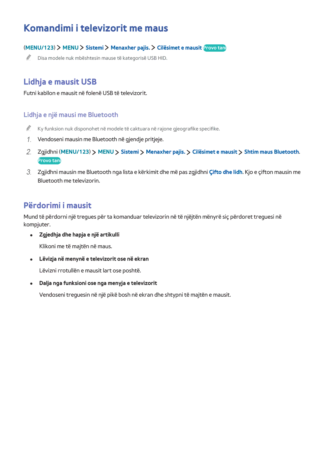Samsung UE40JU6512UXXH, UE50JU6872UXXH manual Komandimi i televizorit me maus, Lidhja e mausit USB, Përdorimi i mausit 