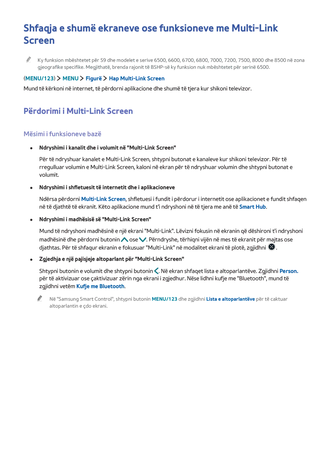 Samsung UE55JU6072UXXH, UE50JU6872UXXH, UE55JU6872UXXH manual Përdorimi i Multi-Link Screen, Mësimi i funksioneve bazë 