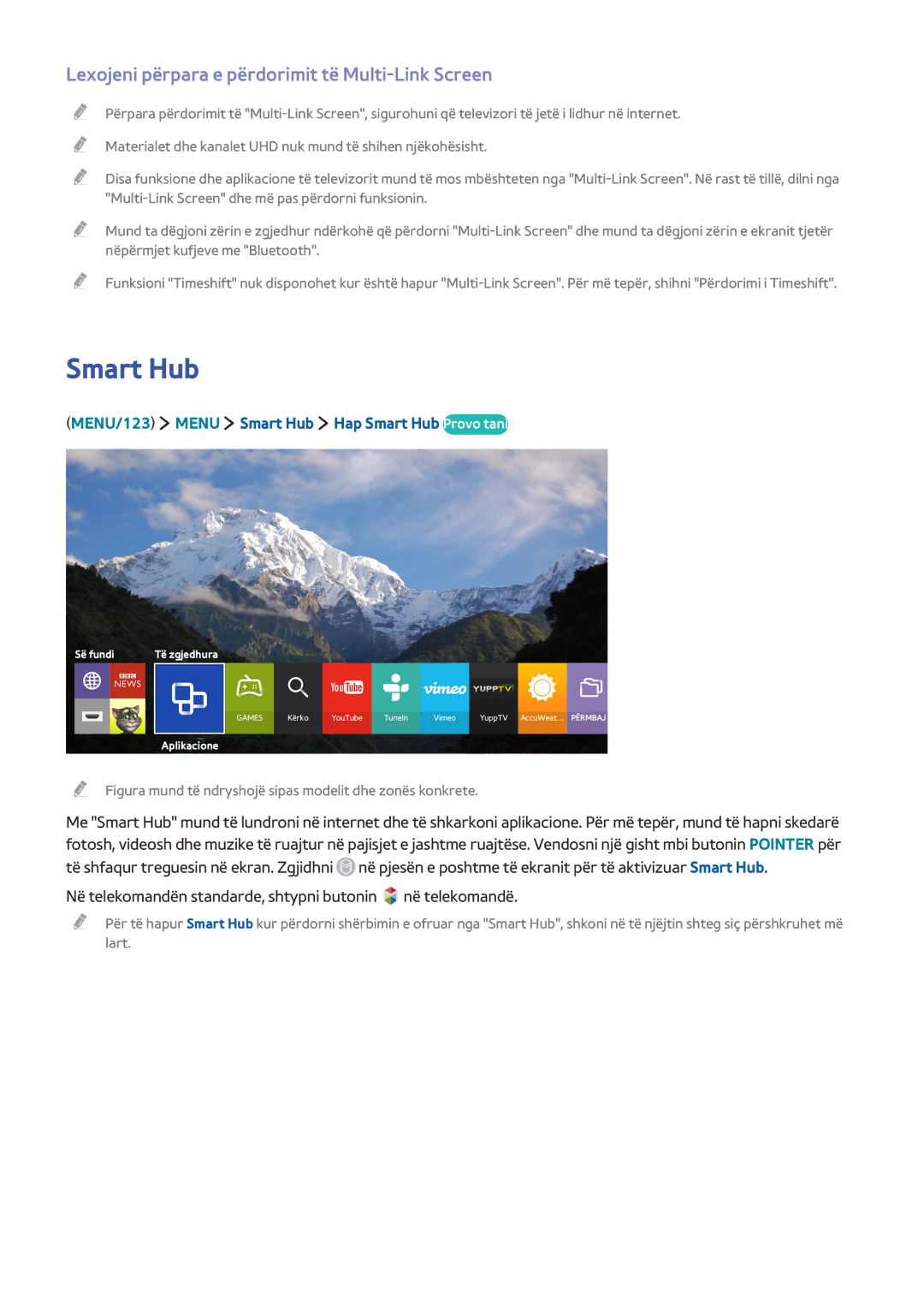 Samsung UE55JU6572UXXH, UE50JU6872UXXH, UE55JU6872UXXH manual Smart Hub, Lexojeni përpara e përdorimit të Multi-Link Screen 
