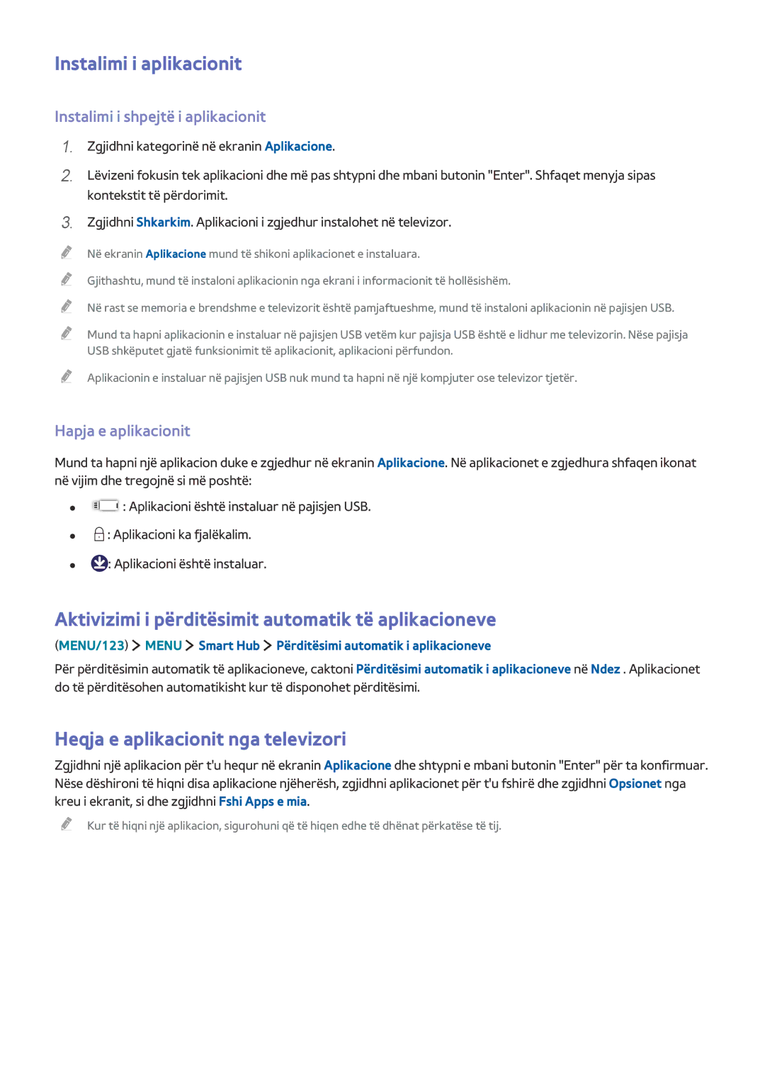 Samsung UE48JU6572UXXH, UE50JU6872UXXH manual Instalimi i aplikacionit, Aktivizimi i përditësimit automatik të aplikacioneve 