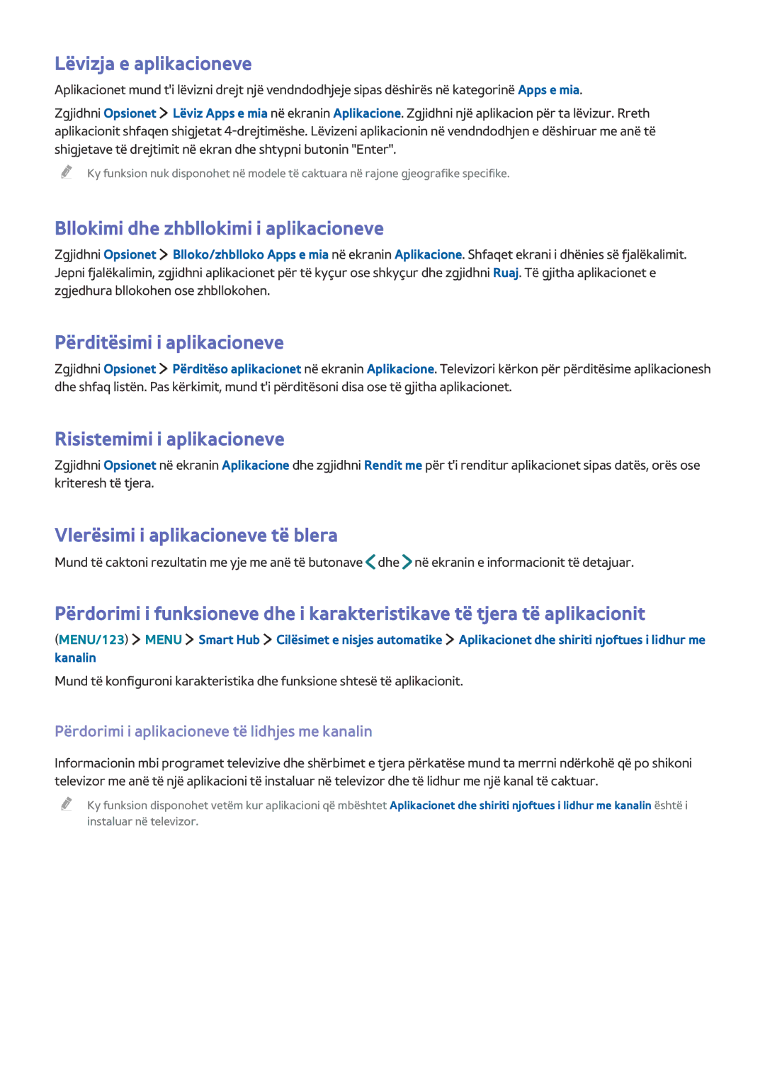 Samsung UE65JU7002TXXH manual Lëvizja e aplikacioneve, Bllokimi dhe zhbllokimi i aplikacioneve, Përditësimi i aplikacioneve 