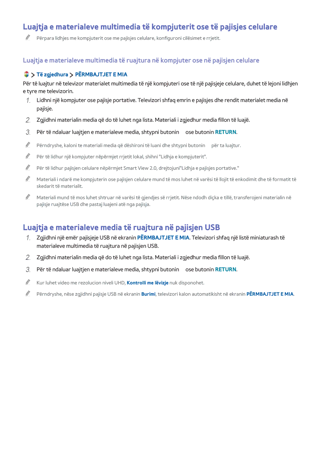 Samsung UE48JU7502TXXH manual Luajtja e materialeve media të ruajtura në pajisjen USB, Të zgjedhura Përmbajtjet E MIA 