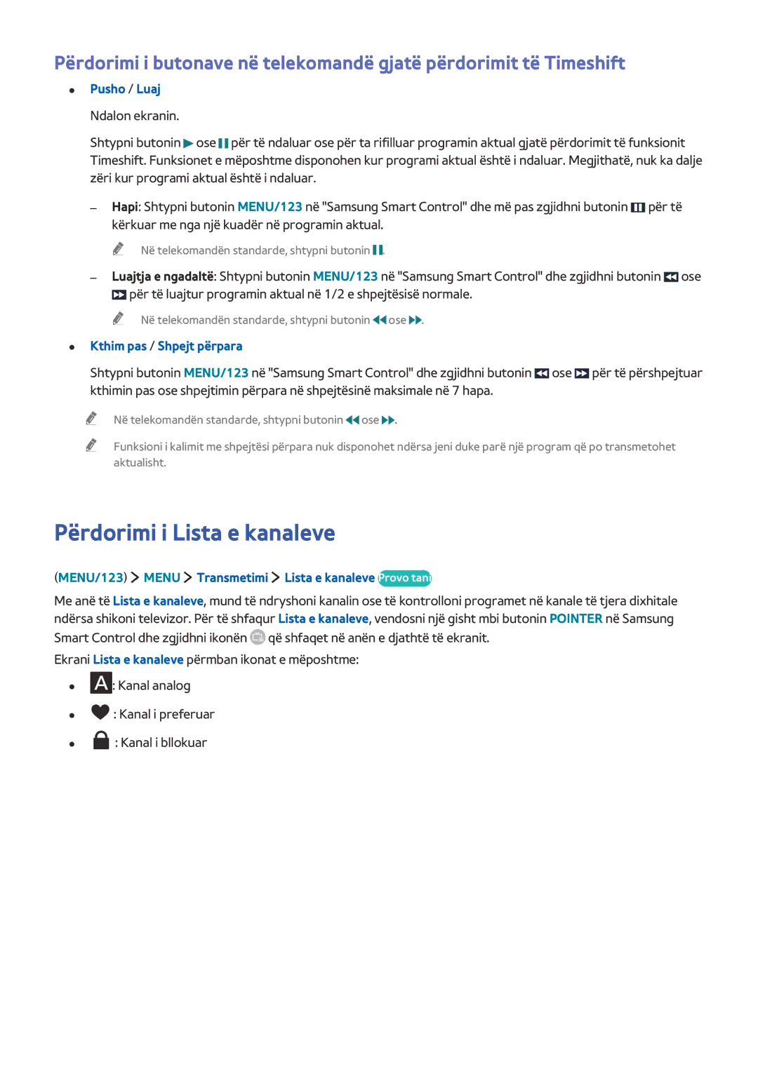 Samsung UE65JU7502TXXH, UE50JU6872UXXH Përdorimi i Lista e kanaleve, MENU/123 Menu Transmetimi Lista e kanaleve Provo tani 