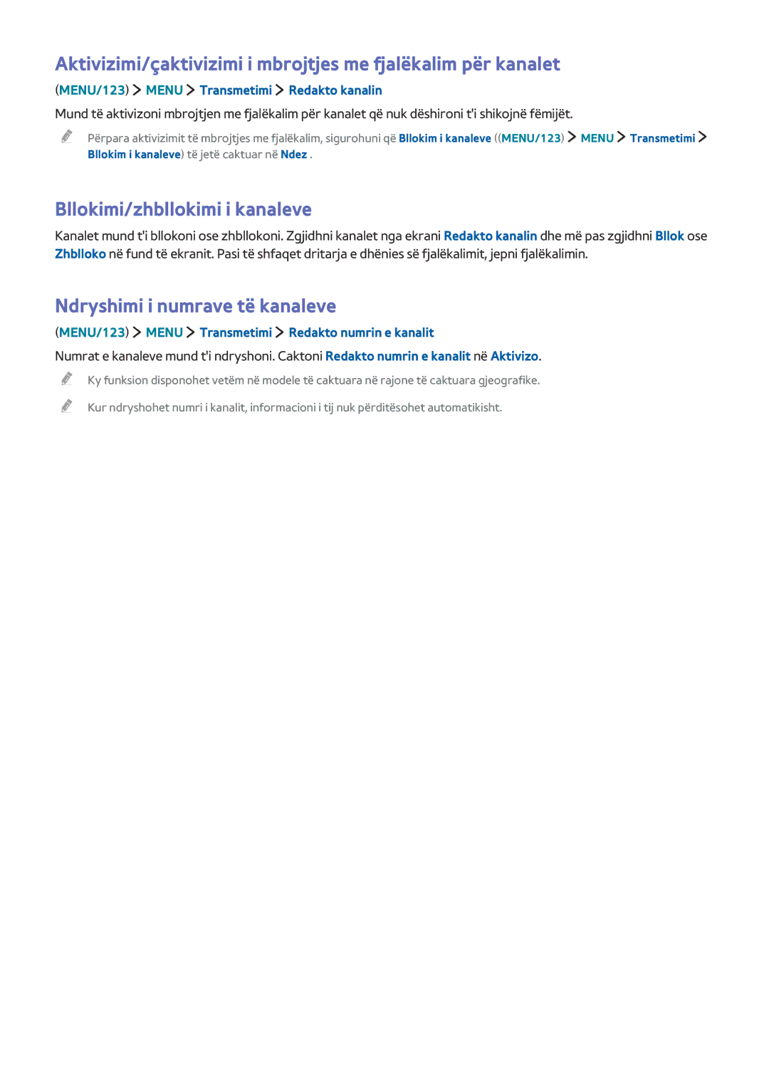 Samsung UE65JU7002TXXH, UE50JU6872UXXH, UE55JU6872UXXH manual Bllokimi/zhbllokimi i kanaleve, Ndryshimi i numrave të kanaleve 