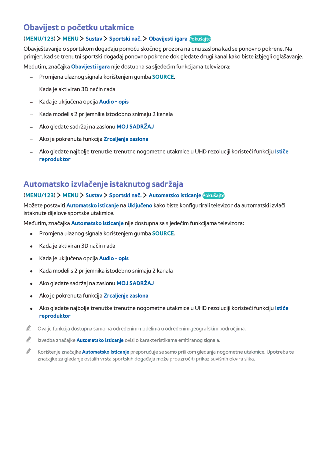 Samsung UE55JU6572UXXH, UE50JU6872UXXH manual Obavijest o početku utakmice, Automatsko izvlačenje istaknutog sadržaja 