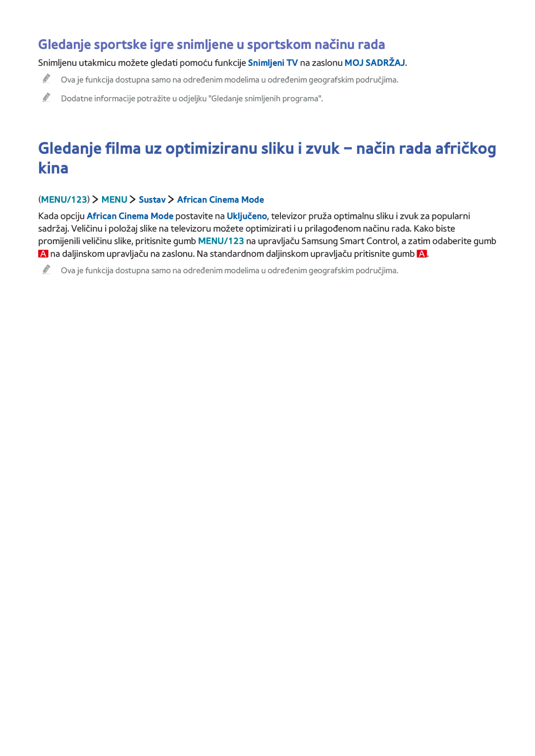 Samsung UE48JU7002TXXH Gledanje sportske igre snimljene u sportskom načinu rada, MENU/123 Menu Sustav African Cinema Mode 